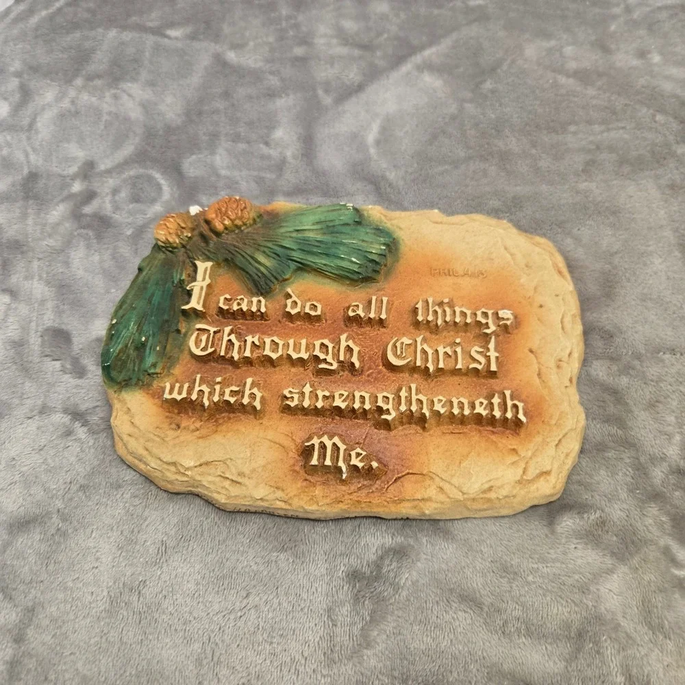Philippians 4:13 Bible Verse Wall Plaque Faux Stone Resin Pinecone Religious Art
